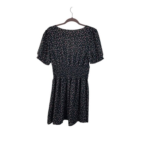 Urban Outfitters Emmy Black Floral V-Neck Ruched Short Sleeve Dress Womens L - Picture 7 of 10